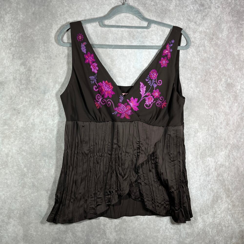 Bandolino‎ Tank Top Womens 16 Brown Floral Embroidered Babydoll Boho Festival